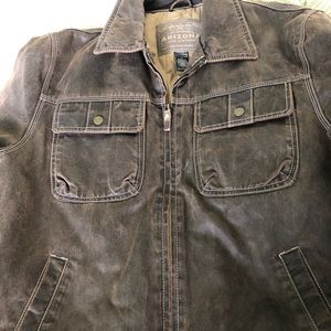 Arizona Mens medium Bomber Jacket Brown Distressed Faux Leather Coat Lined